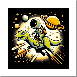 T Rex in Outer Space Kid Alien Riding T Rex Dinosaur Posters and Art